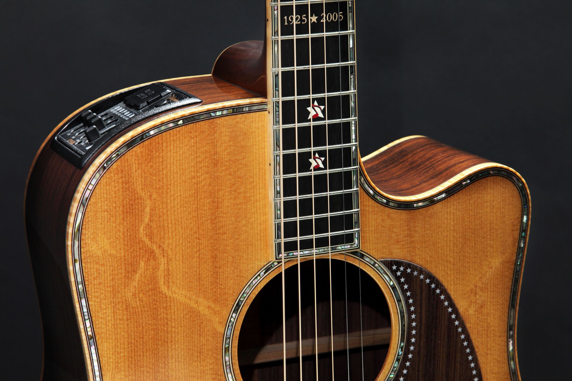 Detailaufnahme der Takamine Grand Ole Opry Akustikgitarre zum 80. Geburtstag von Takamine Guitars.