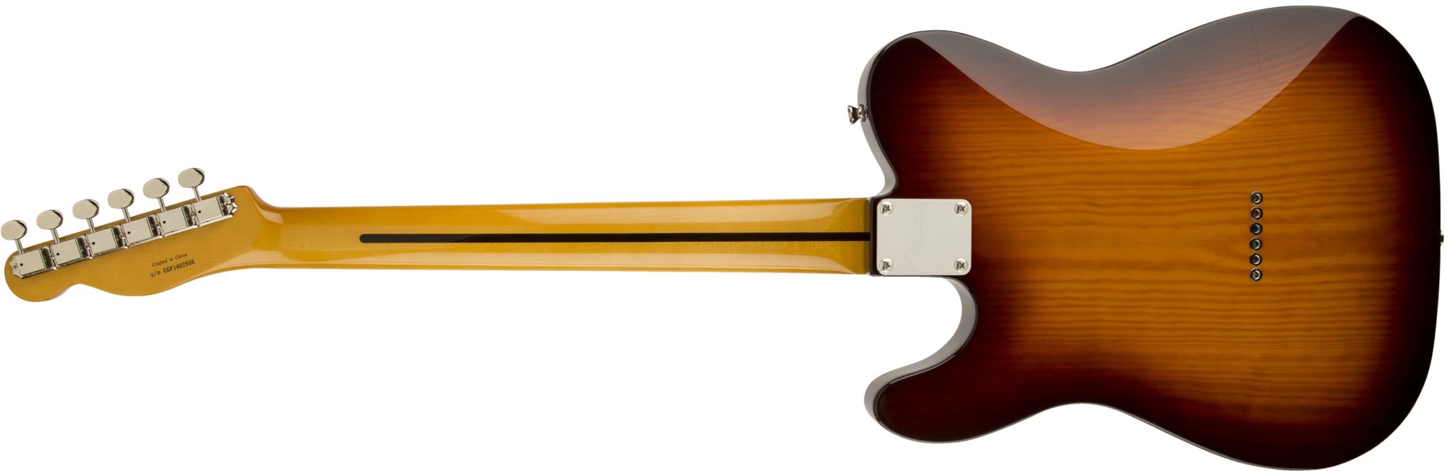 Rückseite einer Fender Telecaster E-Gitarre in Sunburst Lackierung mit geschraubtem Hals und charakteristischem Skunkstripe.