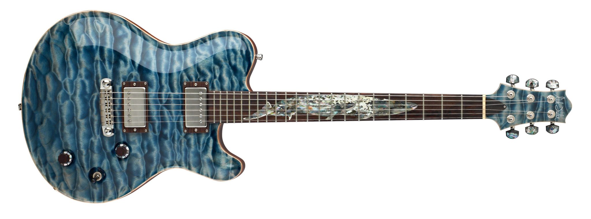 Die Blue Whale Limited mit kunstvollen Intarsien im Griffbrett - Foto by Nik Huber Guitars